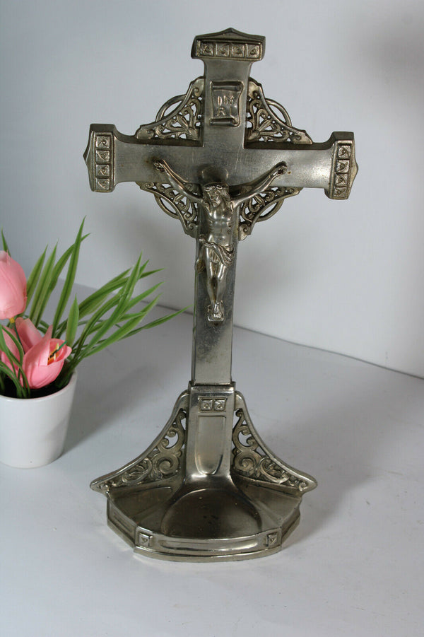 Antique french spelter zinc metal art deco crucifix