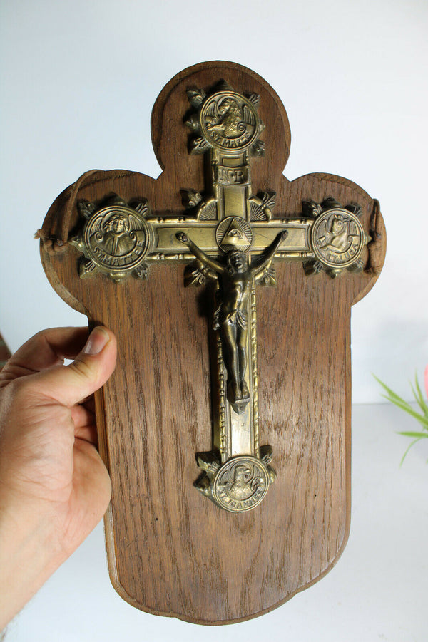 Antique French religious wood plaque with brass crucifix 4 evangelists