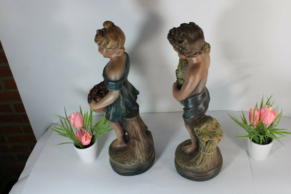 PAIR antique french chalkware romantic statue boy girl summer spring theme