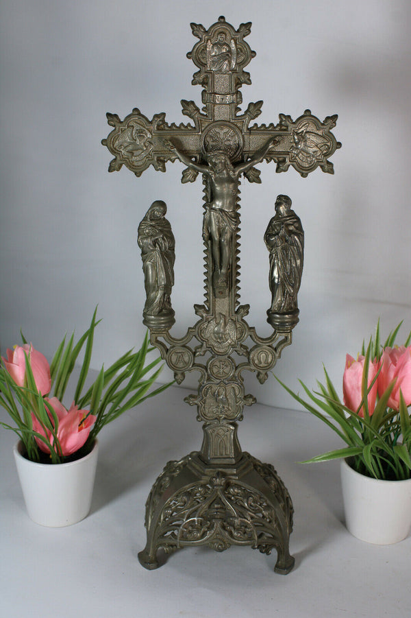 Antique french spelter metal art deco crucifix calvary 4 evangelist