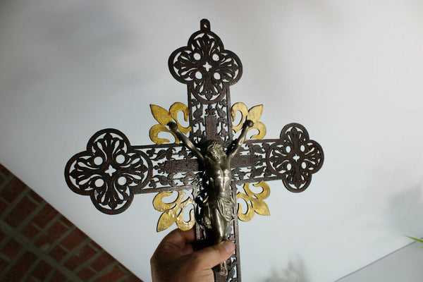 Antique French religious wood cut crucifix fleur de lys rare