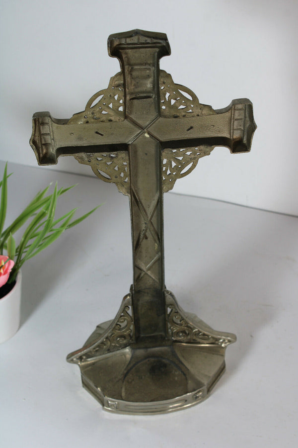 Antique french spelter zinc metal art deco crucifix