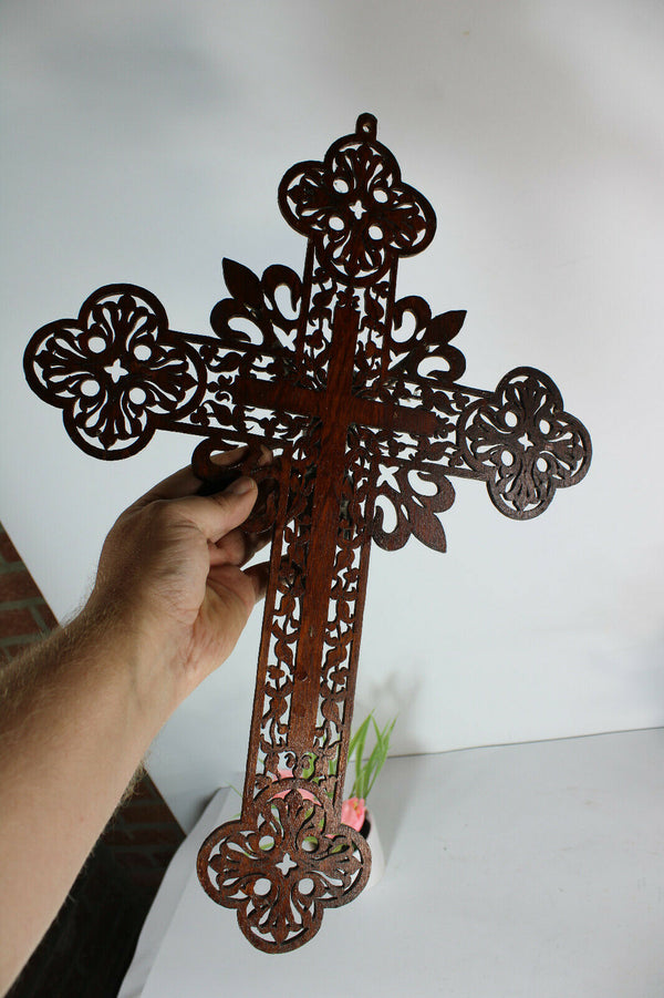 Antique French religious wood cut crucifix fleur de lys rare