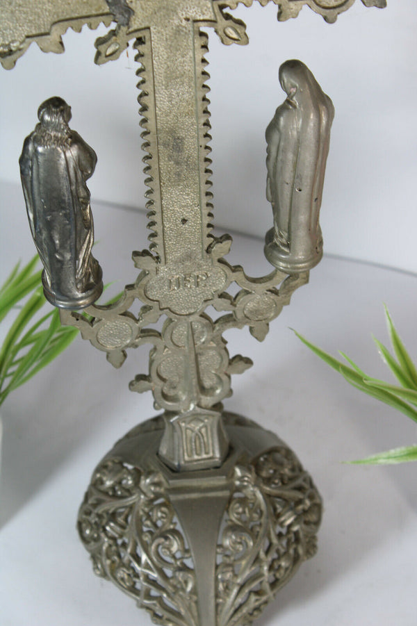 Antique french spelter metal art deco crucifix calvary 4 evangelist