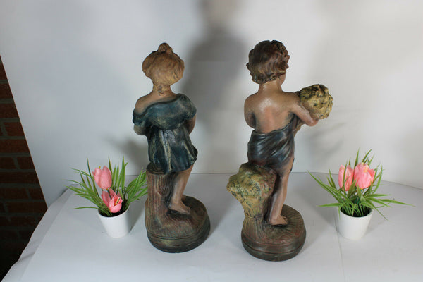 PAIR antique french chalkware romantic statue boy girl summer spring theme