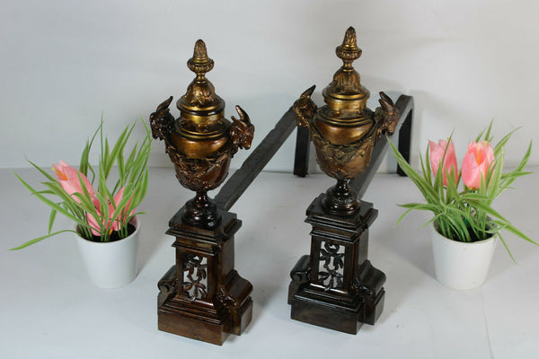 Antique French bronze fireplace andirons ram heads