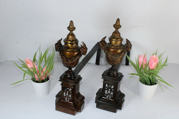 Antique French bronze fireplace andirons ram heads