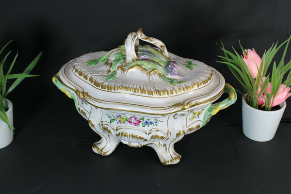 Antique French veuve perrin faience marked Soup tureen bowl vegetable floral