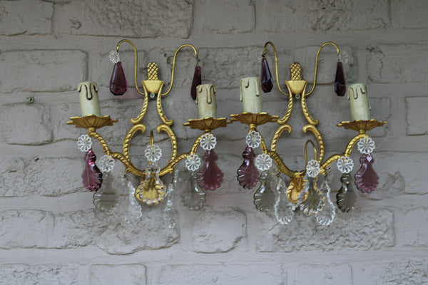 PAIR vintage brass coloured glass pendants wall lights sconces