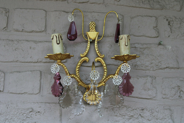 PAIR vintage brass coloured glass pendants wall lights sconces