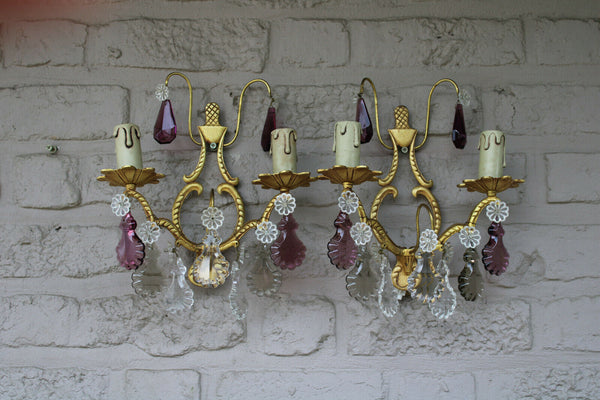 PAIR vintage brass coloured glass pendants wall lights sconces