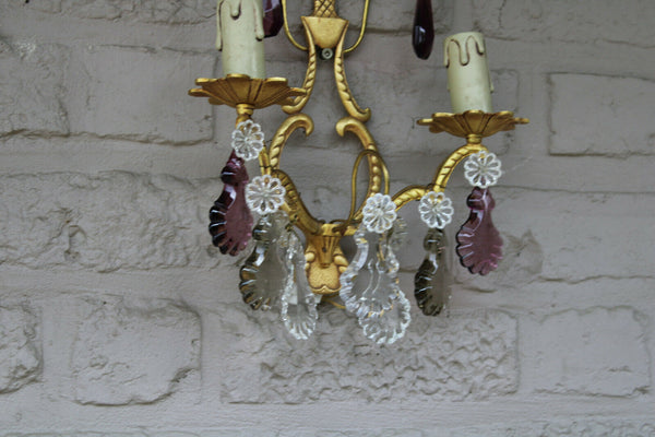 PAIR vintage brass coloured glass pendants wall lights sconces