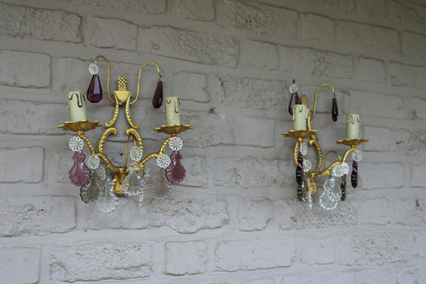 PAIR vintage brass coloured glass pendants wall lights sconces