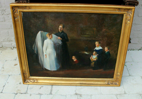 Antique Flemish oil canvas painting 1st communion family religious rare