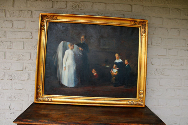 Antique Flemish oil canvas painting 1st communion family religious rare