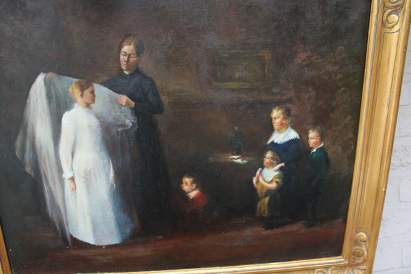 Antique Flemish oil canvas painting 1st communion family religious rare