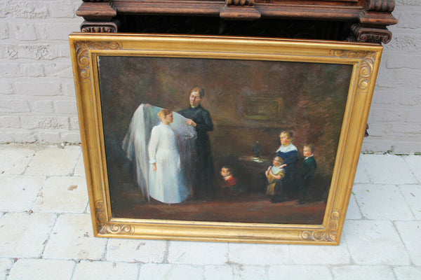 Antique Flemish oil canvas painting 1st communion family religious rare