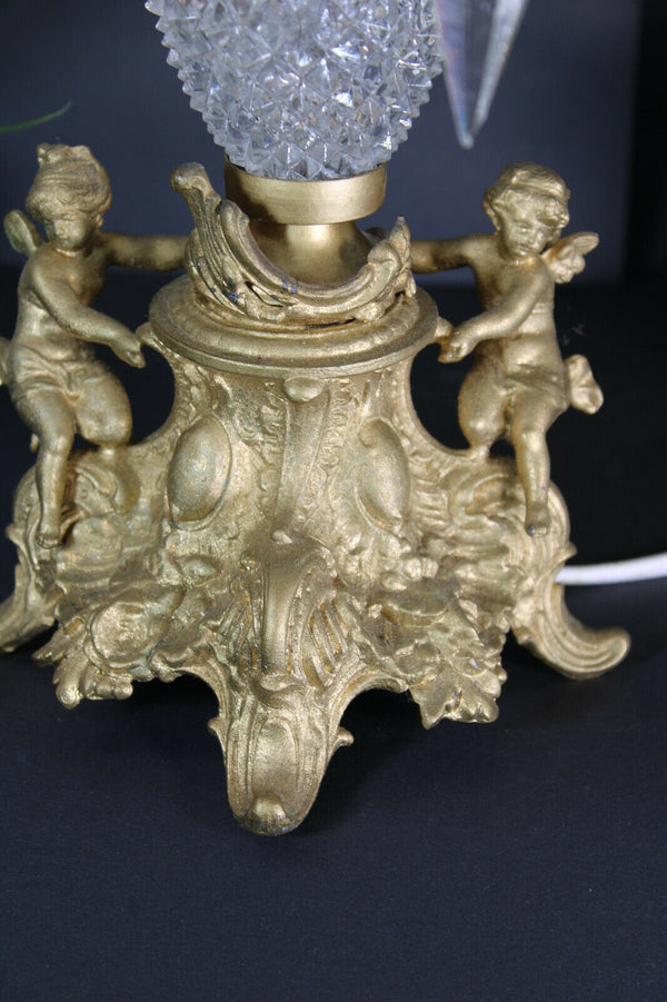 Vintage french crystal glass brass cherub putti table lamp rare 1960