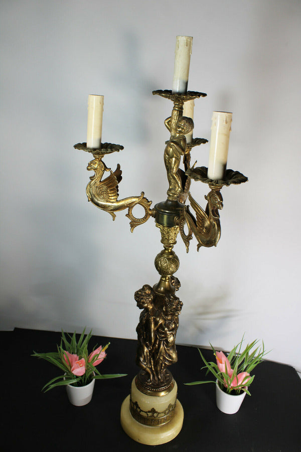 XL Brass onyx marble caryatid graces Dragons cherub putti Table lamp rare