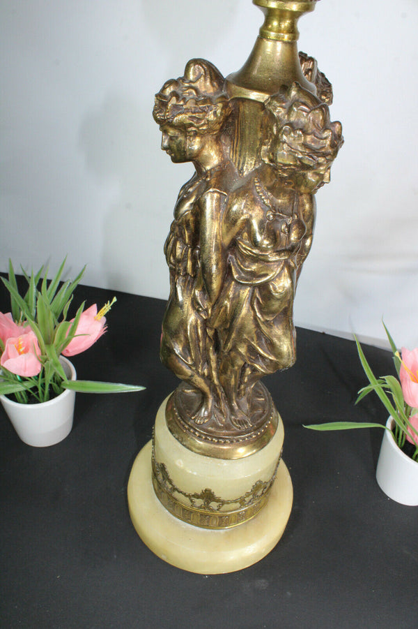 XL Brass onyx marble caryatid graces Dragons cherub putti Table lamp rare