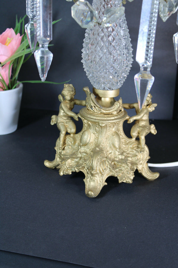 Vintage french crystal glass brass cherub putti table lamp rare 1960