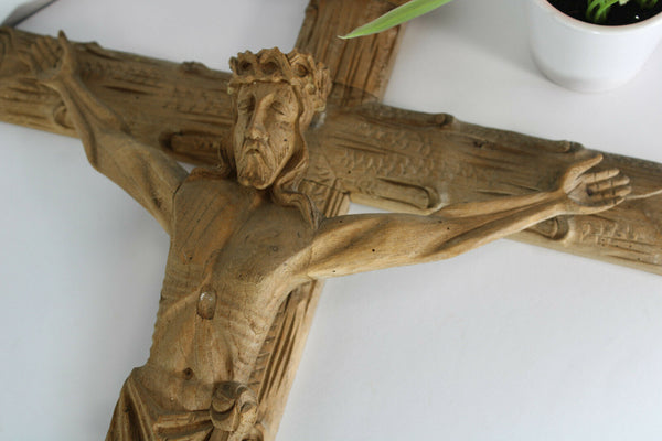 antique french wood carved Crucifix christ cross reliigous