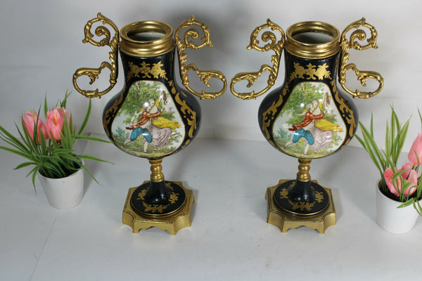 PAIR french cobalt blue limoges porcelain Vases romantic decors