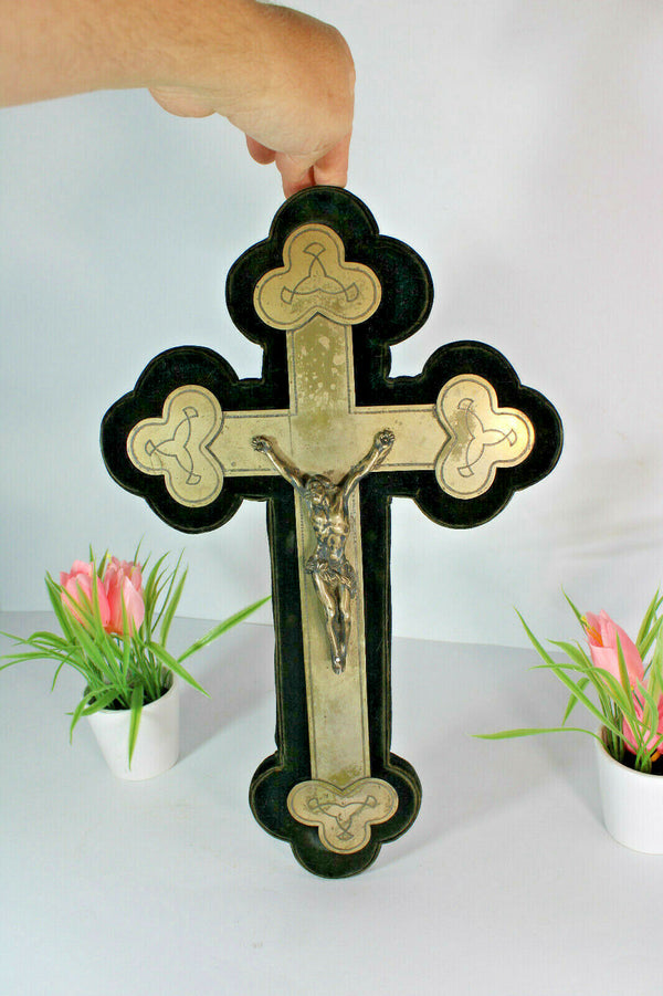 Antique French metal velvet crucifix wall religious