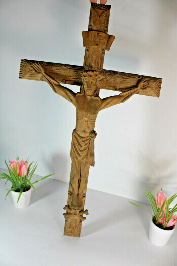 antique french wood carved Crucifix christ cross reliigous