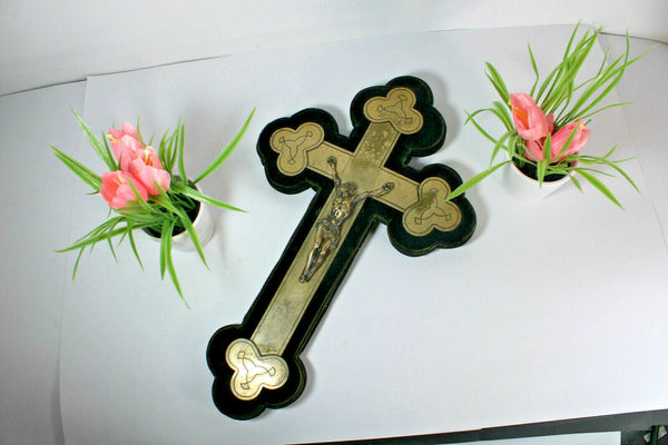 Antique French metal velvet crucifix wall religious