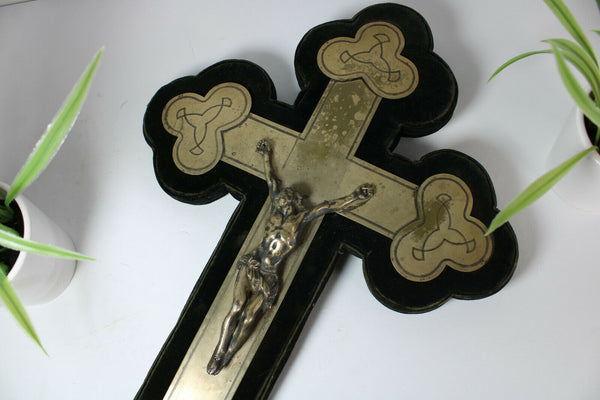 Antique French metal velvet crucifix wall religious