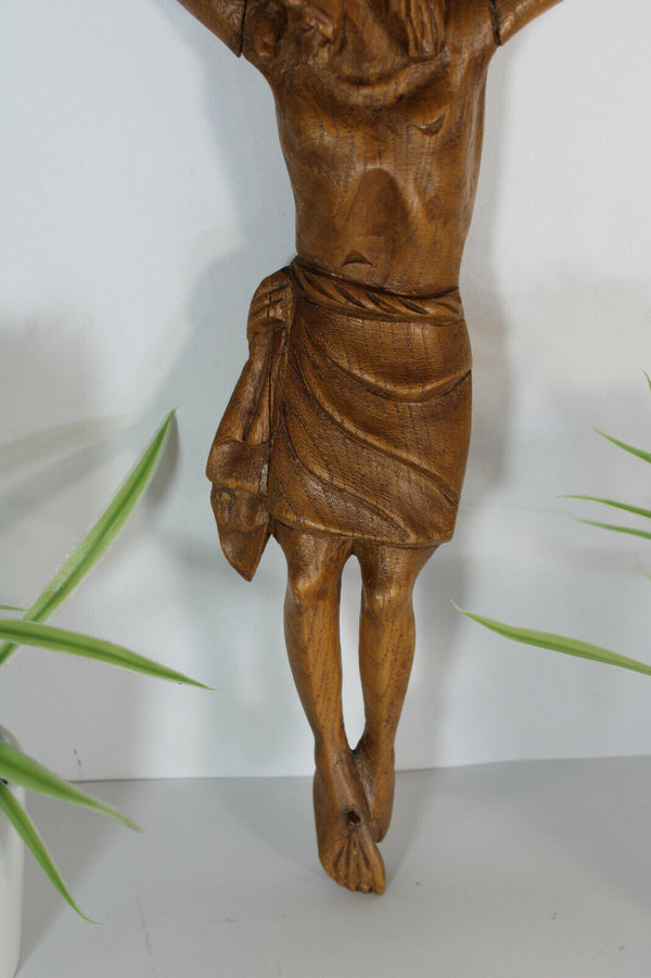 Vintage french wood carved christ crucifix statue figurine