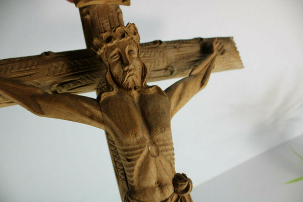 antique french wood carved Crucifix christ cross reliigous