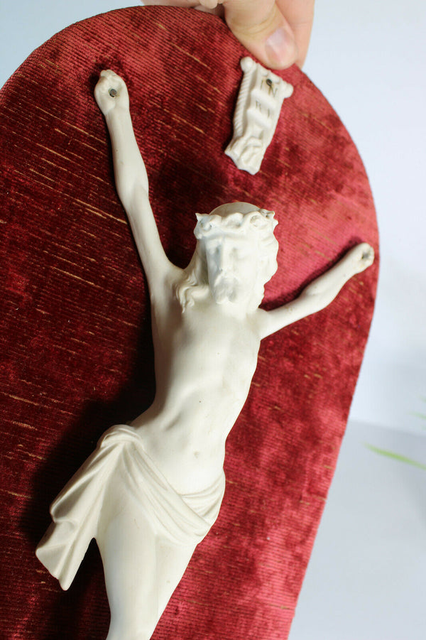 antique french bisque porcelain christ on red velvet wall plaque religious