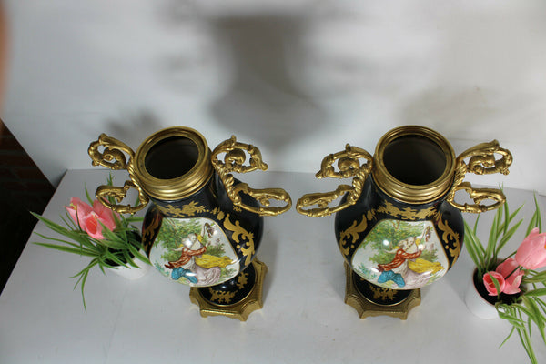 PAIR french cobalt blue limoges porcelain Vases romantic decors