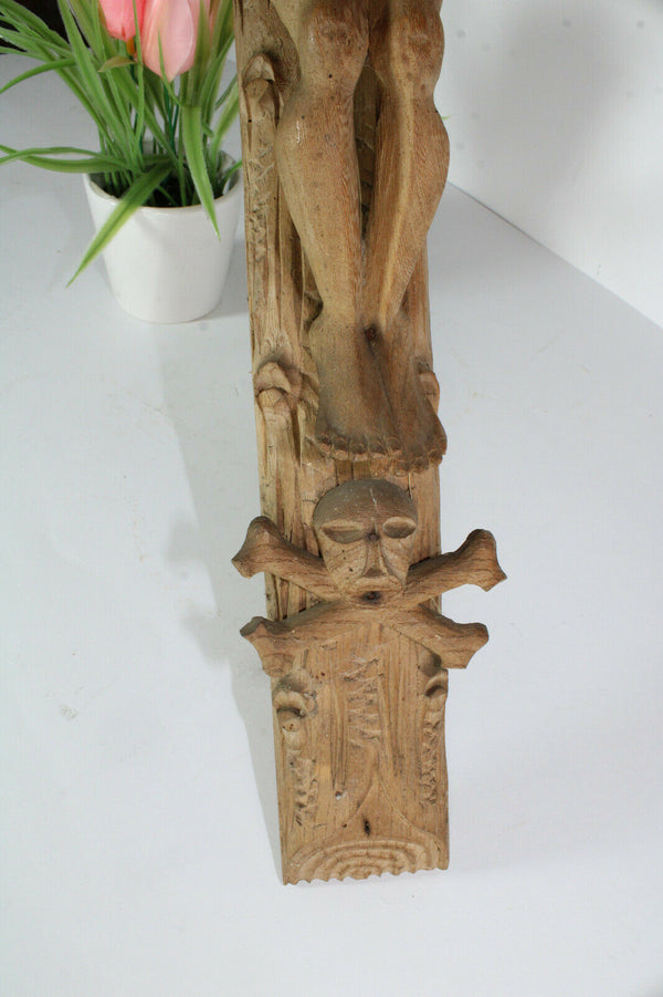 antique french wood carved Crucifix christ cross reliigous