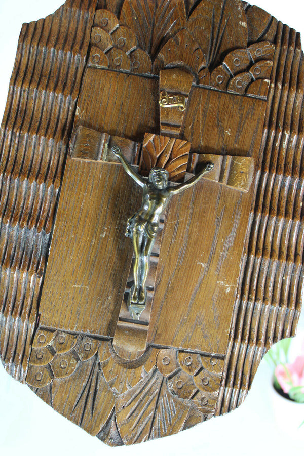 Vintage wood plaque With crucifix religious