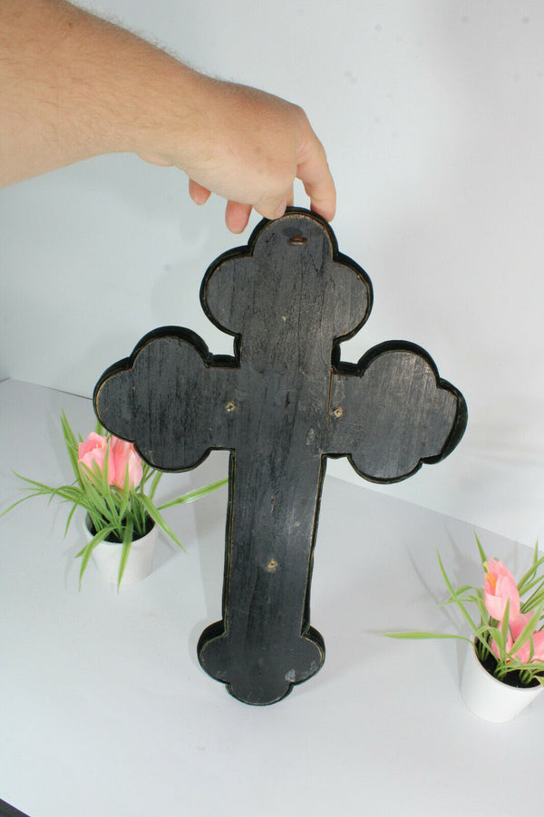 Antique French metal velvet crucifix wall religious