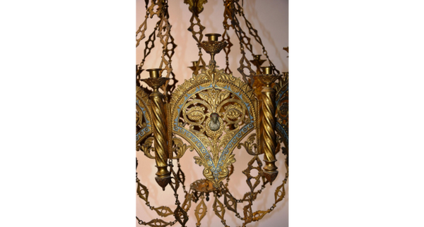 Majestical church chandelier religious bronze enamel 24 candle holder point rare