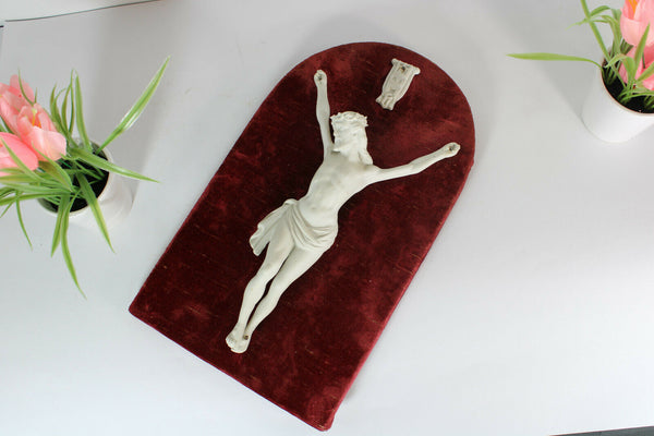 antique french bisque porcelain christ on red velvet wall plaque religious