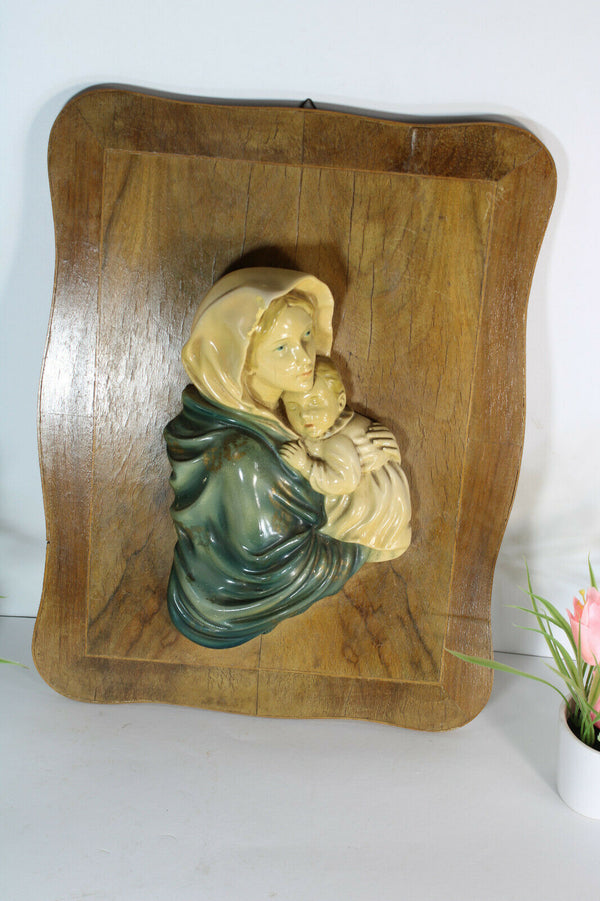 Antique French wood wall plaque with chalkware relief madonna child figurine