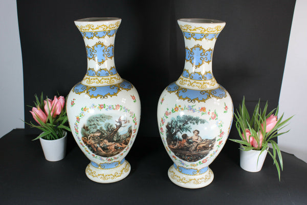 PAIR vintage french porcelain romantic scene Vases