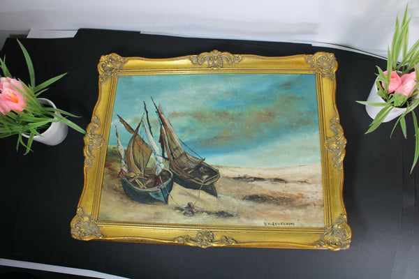 Vintage belgian oil canvas painting boats beach maritime theme signed 1970s