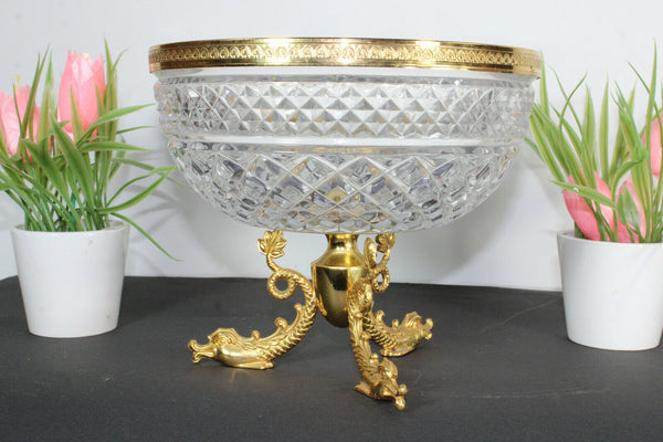 Bleicristal crystal glass Centerpiece Bowl Brass dolphin fish tripod paw