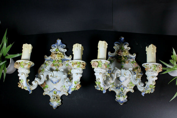 PAIR capodimonte marked porcelain floral wall sconces lights