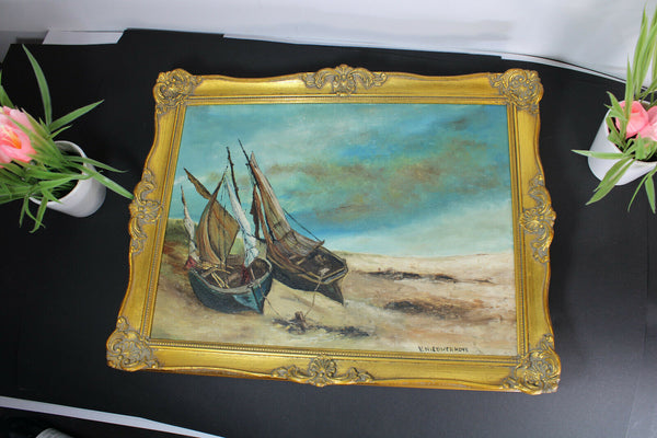 Vintage belgian oil canvas painting boats beach maritime theme signed 1970s