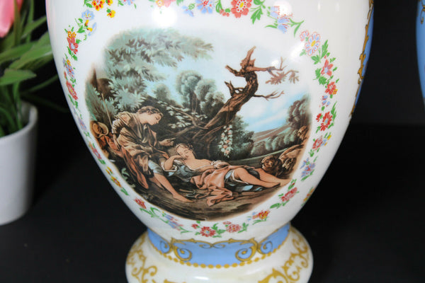 PAIR vintage french porcelain romantic scene Vases