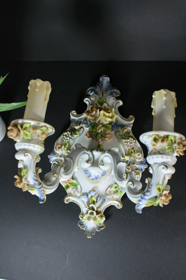 PAIR capodimonte marked porcelain floral wall sconces lights