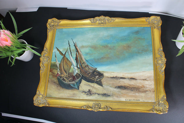 Vintage belgian oil canvas painting boats beach maritime theme signed 1970s