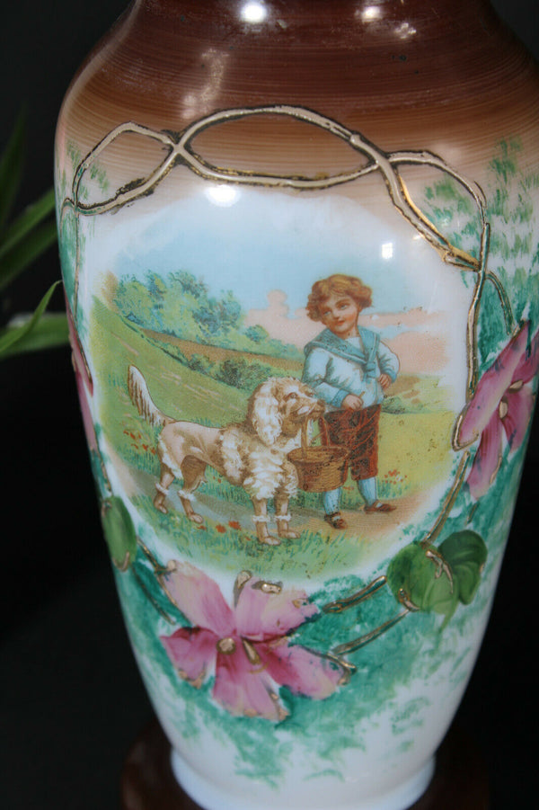 Set 3 antique french opaline glass enamel floral decor dog duck swan romantic